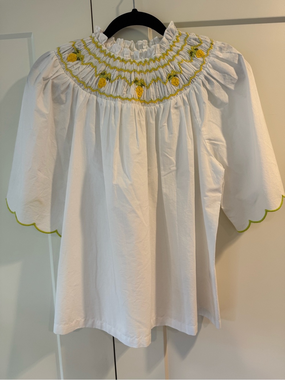 Corey Lynn Catler White Smocked Blouse with Yellow Embroidery Size S